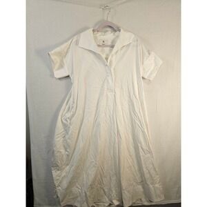 BR White Cotton Midi Dress Collared Short Sleeve Oversize Casual Loose M/L #1509